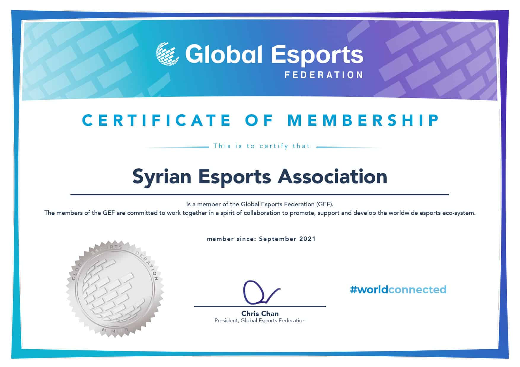 sesa syria full member gef certificate اعتراف global esports federation سوريا sesa